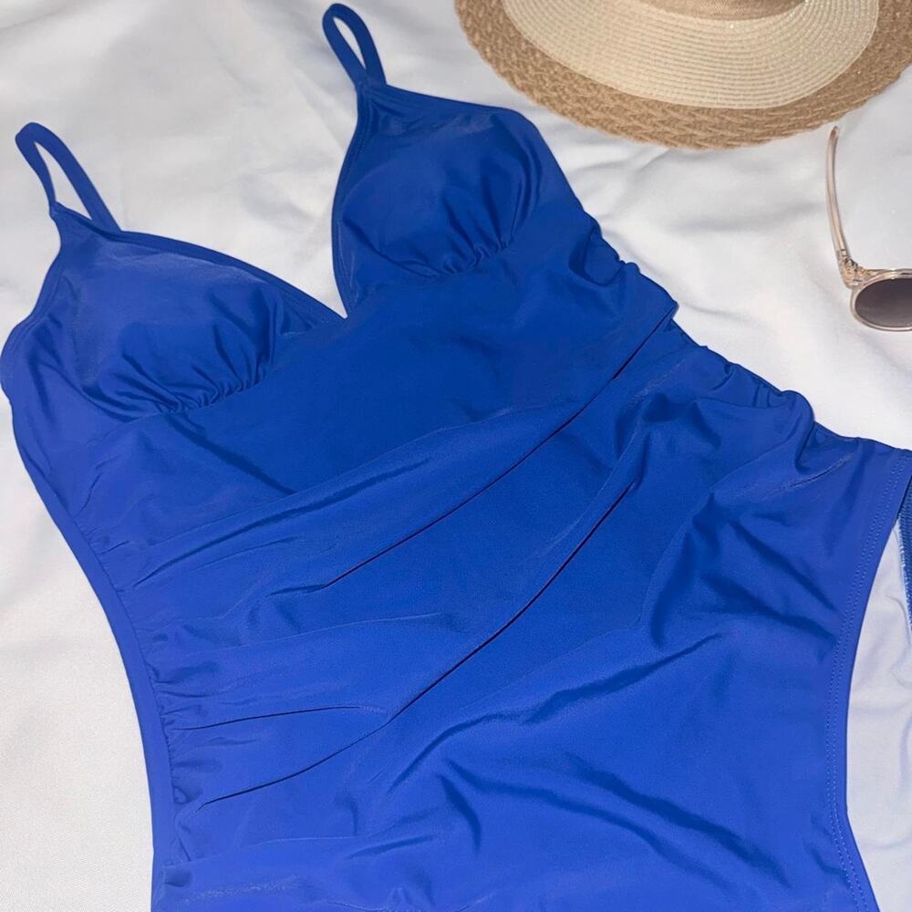 Blue one piece swimsuit with
